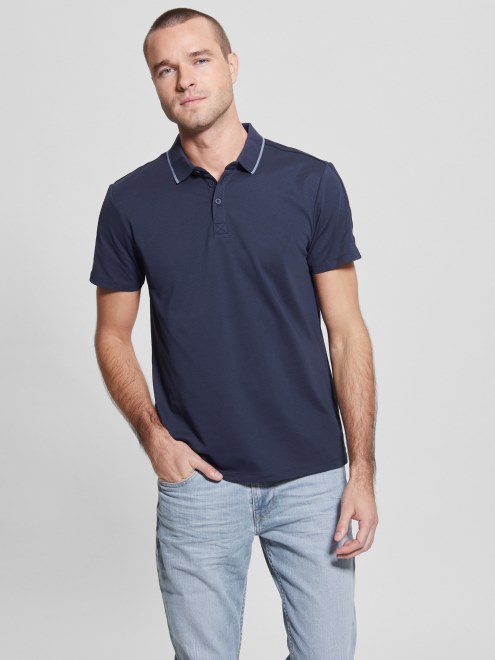 Polo De Seda Azul Con Cinta De Piqué Paul Guess