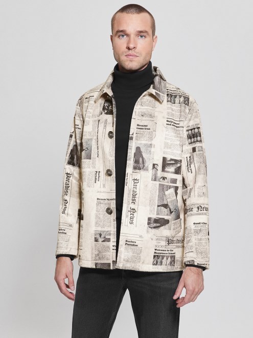 Abrigo De Piel Sintetica Con Estampado De Periodico Aop