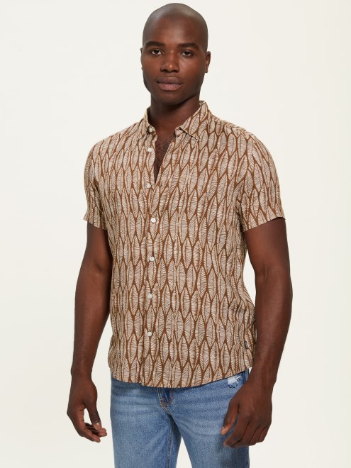 Camisa De Manga Corta Hojas Eco Adivina Hojas Rayadas Grabadas