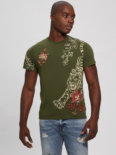 Camiseta Verde Peyote Con Bordado Floral De Varios Tigres Guess