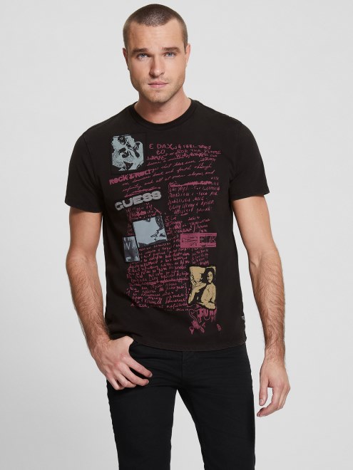 Camiseta Negra Azabache Con Múltiples Logotipos De Guess