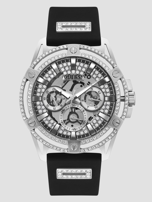 Reloj Multifunción De Silicona Plateada Y Negra Con Aberturas Black Guess