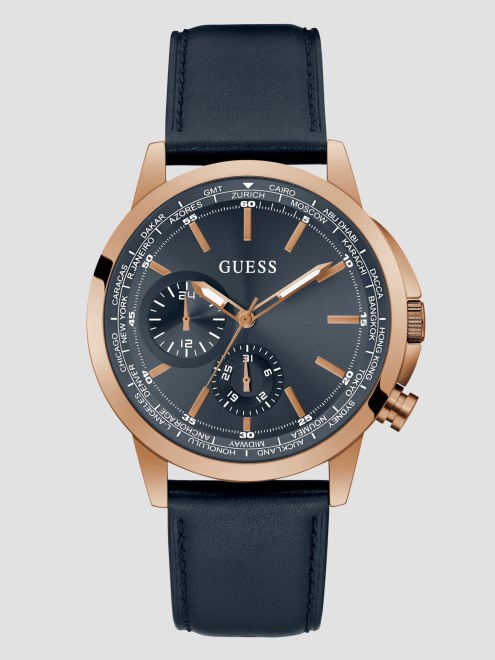 Reloj Multifunción Azul Guess En Tono Oro Rosa Y Piel Azul Marino