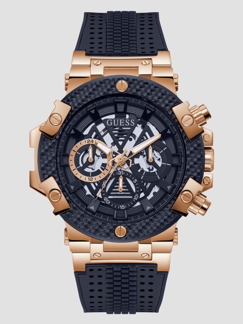 Reloj Multifunción Guess Azul Marino Perforado Silicona Negro