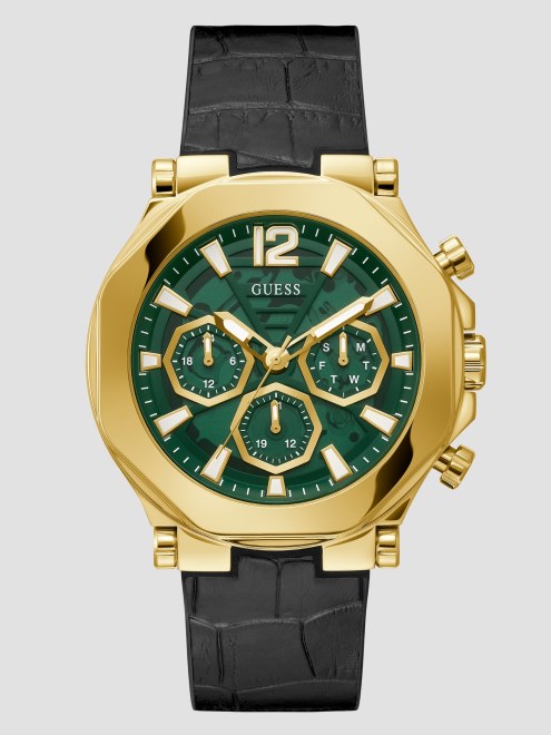 Reloj Multifunción En Tono Oro Negro Y Cocodrilo Negro Guess