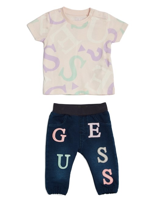 Conjunto De Pantalón De Mezclilla Y Camiseta Morada Con Logo G Integral (3-24 M) Guess