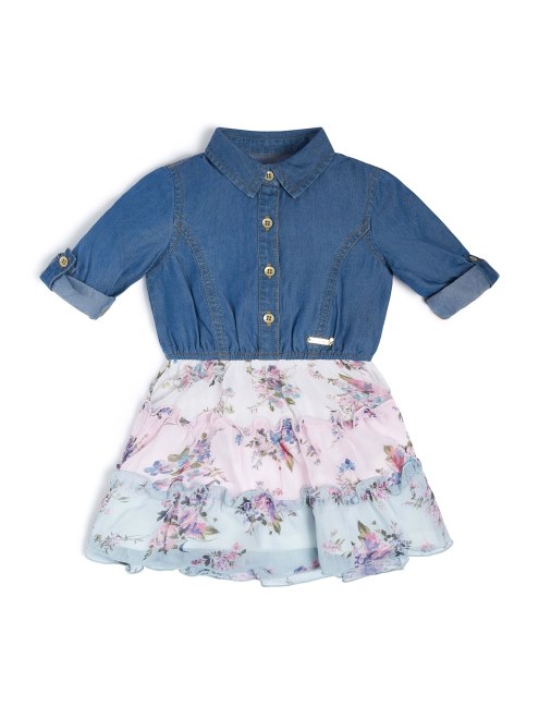 Vestido Combinado De Cambray Y Gasa Azul Brillante Vintage De Guess (2-7)