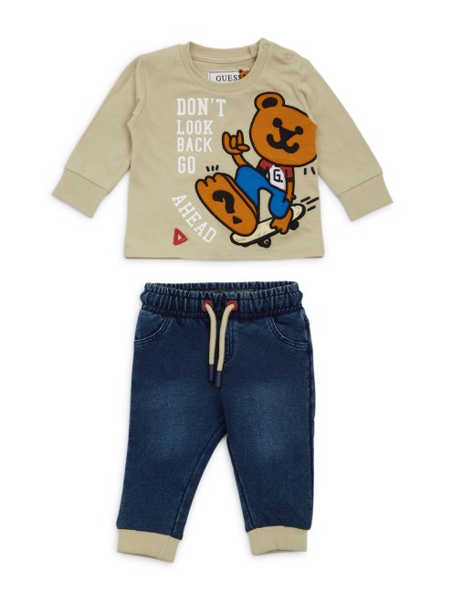 Camiseta Con Estampado De Ositos Y Pantalones Vaqueros (0-24 M) Gris Tealerium